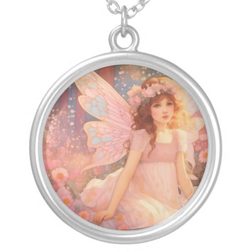 Cute Magical Pink Fantasy Fairy in Flowers Silver Plated Necklace