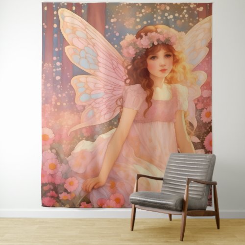 Cute Magical Pink Fantasy Fairy in Flowers Tapestry