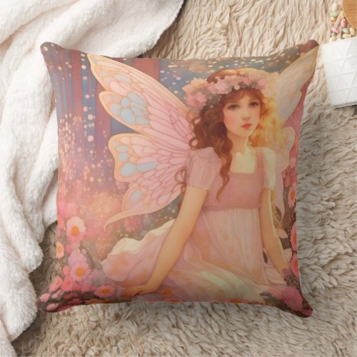 Cute Magical Pink Fantasy Fairy in Flowers Throw Pillow