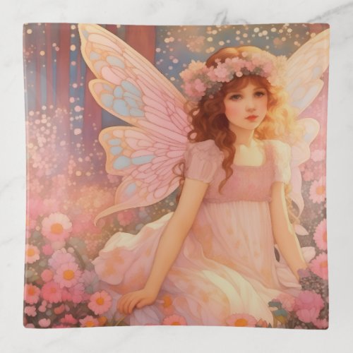Cute Magical Pink Fantasy Fairy in Flowers Trinket Tray