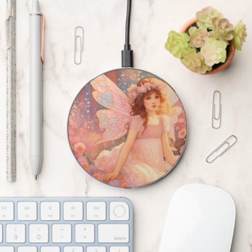 Cute Magical Pink Fantasy Fairy in Flowers Wireless Charger