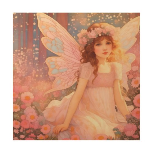 Cute Magical Pink Fantasy Fairy in Flowers Wood Wall Art