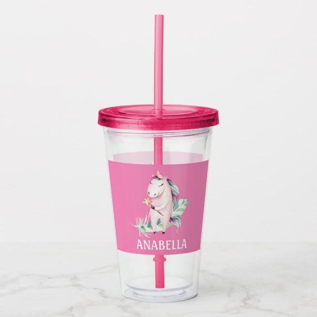 Cute Magical Pink Unicorn Acrylic Tumbler (Front)