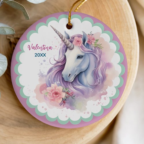 Cute magical pink unicorn girl holiday keepsake ceramic ornament