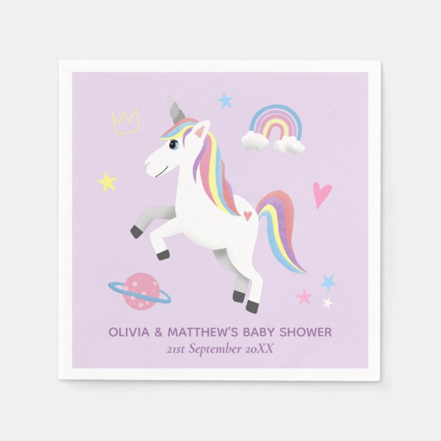 Cute Magical Purple Unicorn Girls Baby Shower Napkins (Front)