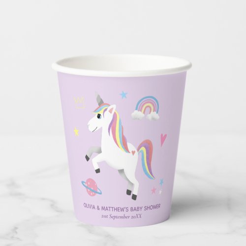 Cute Magical Purple Unicorn Girls Baby Shower Paper Cups