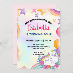 Cute Magical Rainbow Cat Unicorn Birthday Party Invitation