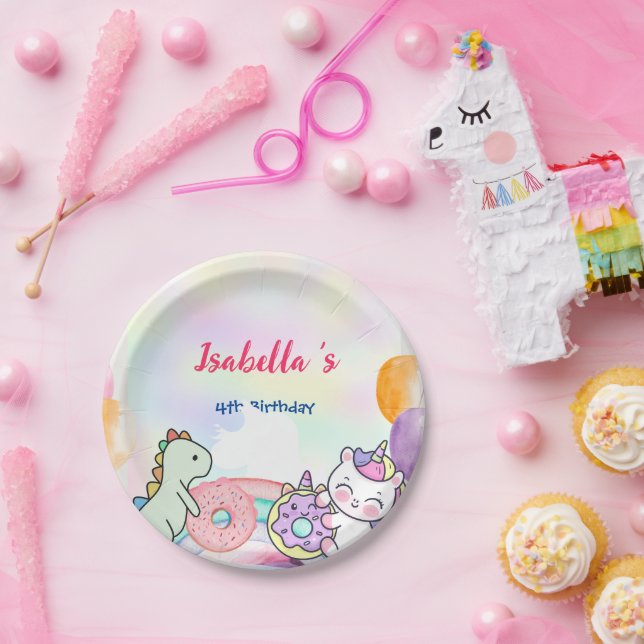 Cute Magical Rainbow Dino Unicorn Birthday Party  Paper Plates (Party)