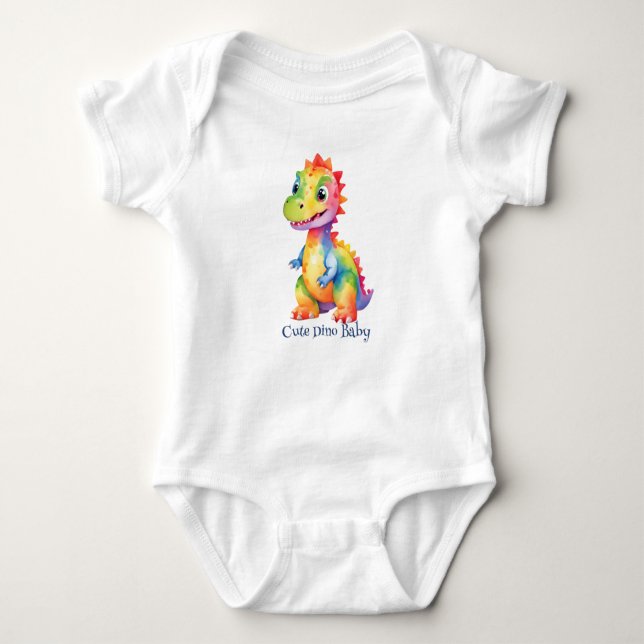 Cute Magical Rainbow Dinosaur Happy Birthday Party Baby Bodysuit (Front)