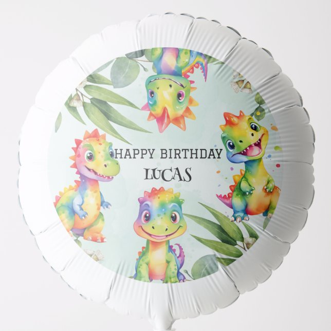 Cute Magical Rainbow Dinosaur Happy Birthday Party Balloon (Front)