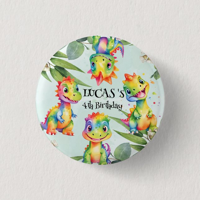 Cute Magical Rainbow Dinosaur Happy Birthday Party Button (Front)