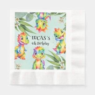 Cute Magical Rainbow Dinosaur Happy Birthday Party Napkins