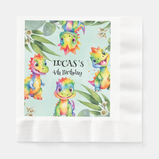 Cute Magical Rainbow Dinosaur Happy Birthday Party Napkins (Front)