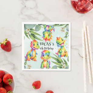 Cute Magical Rainbow Dinosaur Happy Birthday Party Napkins