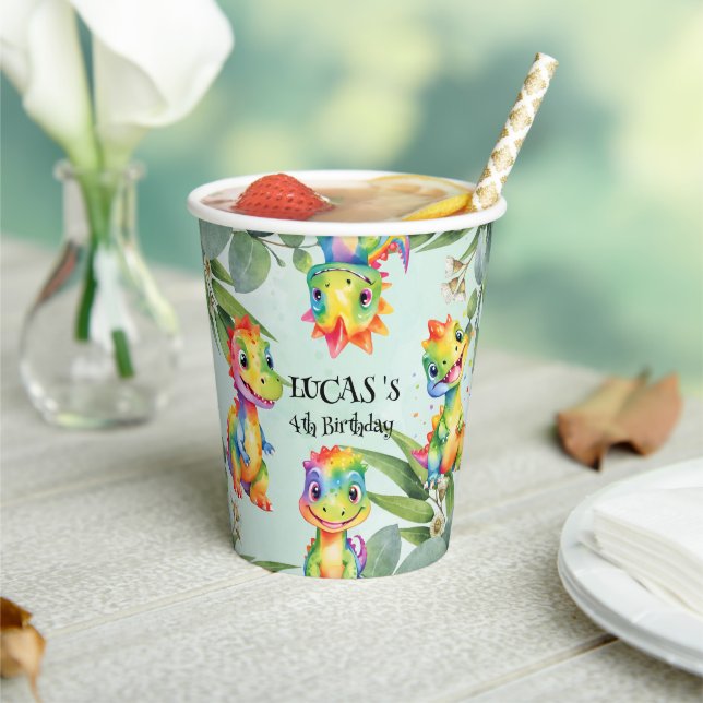 Cute Magical Rainbow Dinosaur Happy Birthday Party Paper Cups (Insitu)