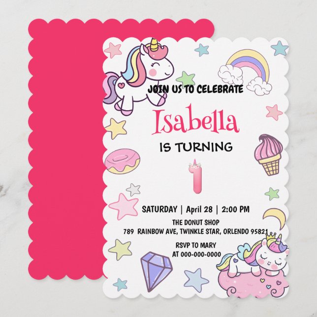 Cute Magical Rainbow Unicorn 1st Birthday Party  Invitation (Front/Back)