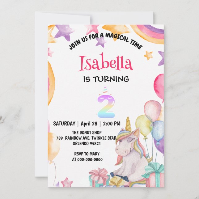 Cute Magical Rainbow Unicorn 2nd Birthday Party  Invitation (Front)