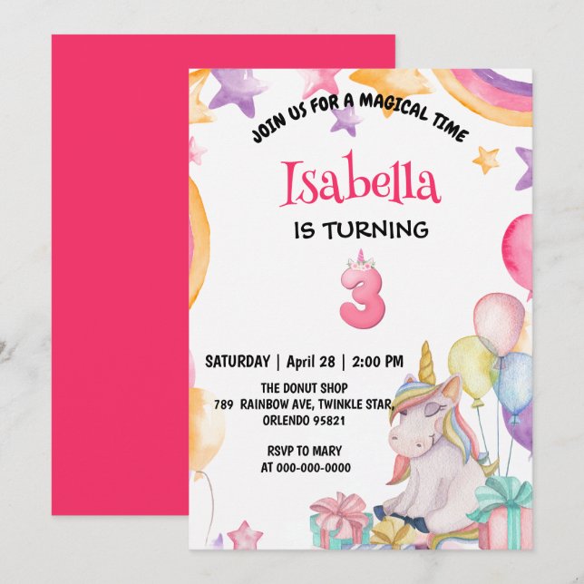 Cute Magical Rainbow Unicorn 3rd Birthday Party  Invitation (Front/Back)