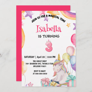 Cute Magical Rainbow Unicorn 3rd Birthday Party Invitation