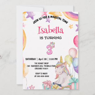 Cute Magical Rainbow Unicorn 3rd Birthday Party Invitation