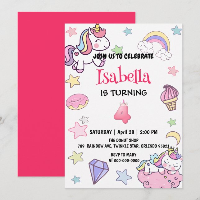 Cute Magical Rainbow Unicorn 4th Birthday Party  Invitation (Front/Back)