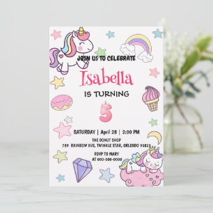 Cute Magical Rainbow Unicorn 5th Birthday Party Invitation