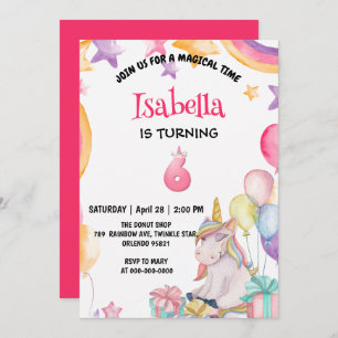 Cute Magical Rainbow Unicorn 6th Birthday Party Invitation