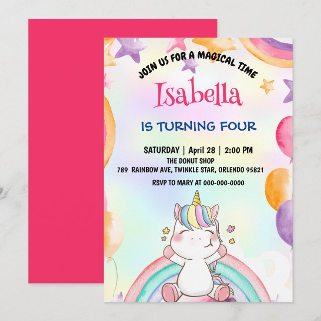 Cute Magical Rainbow Unicorn Birthday Party  Invitation (Front/Back)