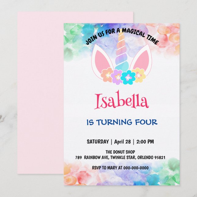 Cute Magical Rainbow Unicorn Birthday Party  Invitation (Front/Back)