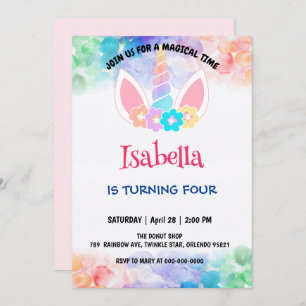 Cute Magical Rainbow Unicorn Birthday Party Invitation