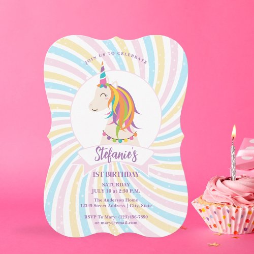 Cute Magical Rainbow Unicorn Girl 1st Birthday Invitation