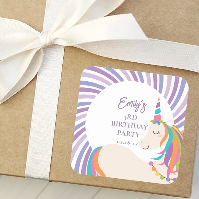 Cute Magical Rainbow Unicorn Girl Birthday Party Square Sticker (Creator Uploaded)