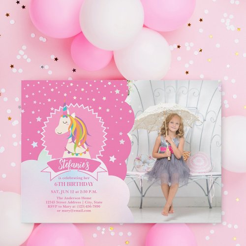 Cute Magical Rainbow Unicorn Girl Birthday Photo Invitation