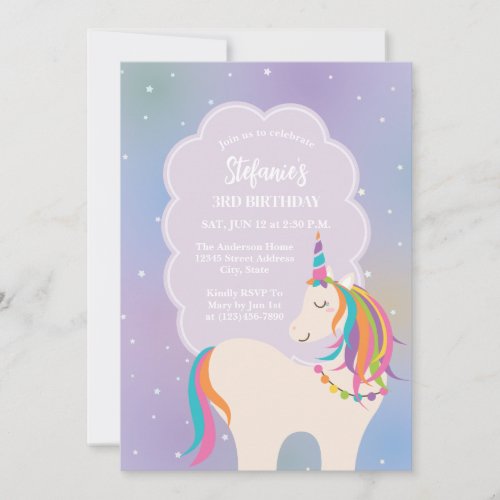 Cute Magical Rainbow Unicorn Kids Birthday Party Invitation