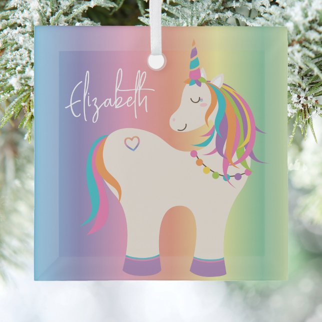 Cute Magical Rainbow Unicorn Personalized Name Glass Ornament (Creator Uploaded)