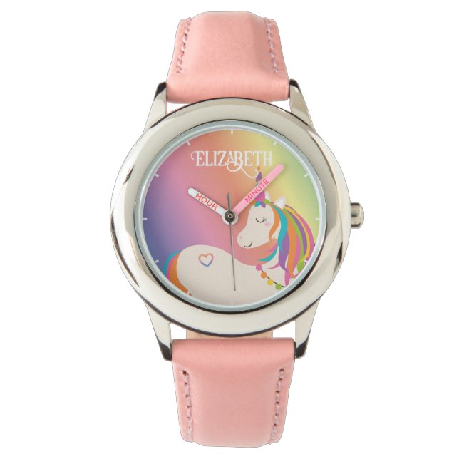 Cute Magical Rainbow Unicorn Personalized Name Watch (Front)