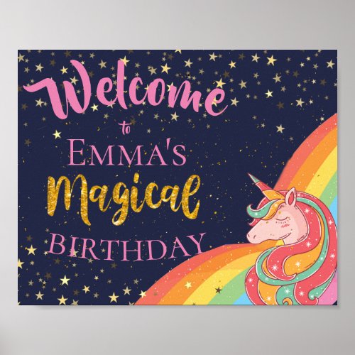 Cute Magical Rainbow Unicorn Pink Orange Birthday Poster