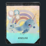 Cute Magical Sea Unicorn Custom Name        Drawstring Bag<br><div class="desc">Narwhals the unicorns of the sea are strange and beautiful animals with long tusks protruding from their heads. With rainbow and balloons,  this cute sea unicorns glide in the magical sky. Change your kid's name easily under the "Personalized" button. Do check out all the matching products in my store!</div>