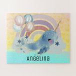 Cute Magical Sea Unicorn Custom Name  Jigsaw Puzzle<br><div class="desc">Narwhals the unicorns of the sea are strange and beautiful animals with long tusks protruding from their heads. With rainbow and balloons,  this cute sea unicorns glide in the magical sky. Change your kid's name easily under the "Personalized" button. Do check out all the matching products in my store!</div>