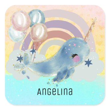 Cute Magical Sea Unicorn Custom Name     Square Sticker