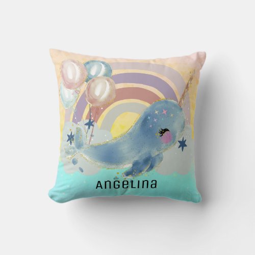 Cute Magical Sea Unicorn Custom Name Throw Pillow