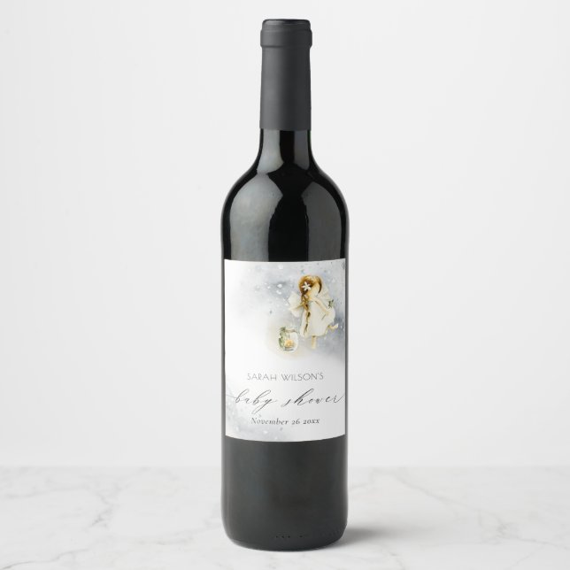 Cute Magical Starry Watercolor Fairy Baby Shower Wine Label (Front)