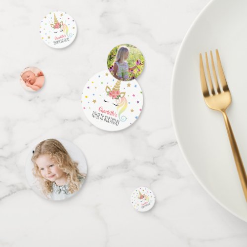 Cute Magical Unicorn 3 Photo Birthday Party Confetti