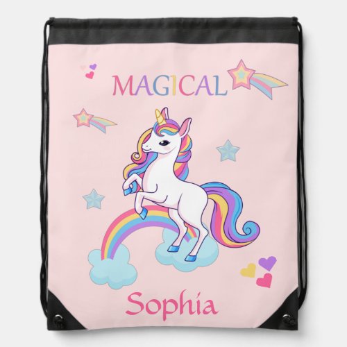 Cute Magical Unicorn And Rainbow Personalized Pink Drawstring Bag