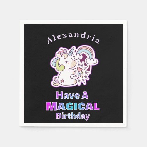 Cute Magical Unicorn Girls Birthday Personalize Napkins
