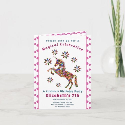 Cute Magical Unicorn Glitter Birthay Party Custom Invitation