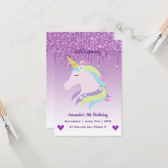 Cute Magical Unicorn & Hearts Birthday Invitation (Front/Back In Situ)