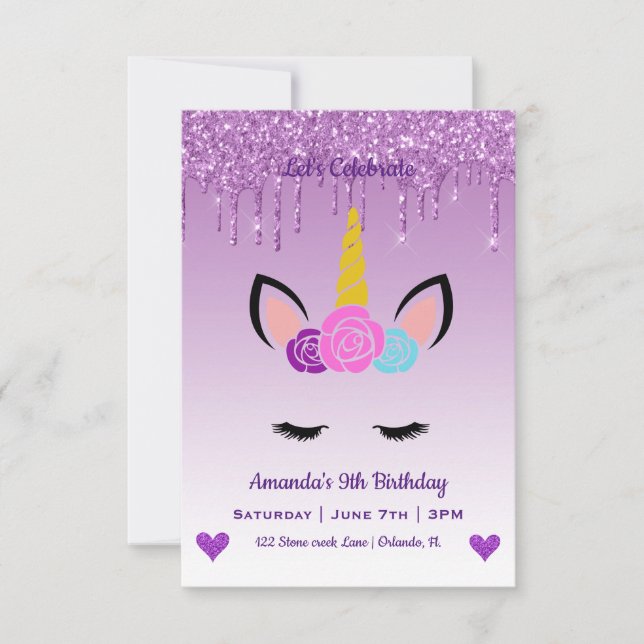Cute Magical Unicorn & Hearts Birthday Invitation (Front)