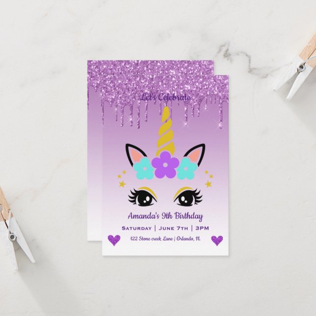 Cute Magical Unicorn & Hearts Birthday Invitation (Front/Back In Situ)