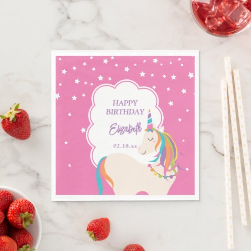 Cute Magical Unicorn Hot Pink Girl Birthday Party Napkins